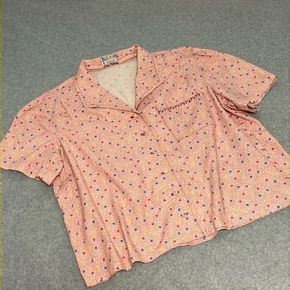 Button Front Top Womens 1X Pink Ditzy Floral Polkadot Grandma Indie Grunge - Picture 1 of 9